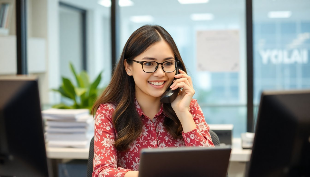 A singapore beauty lady answering phone call at marina bay sand office